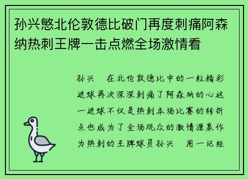 孙兴慜北伦敦德比破门再度刺痛阿森纳热刺王牌一击点燃全场激情看