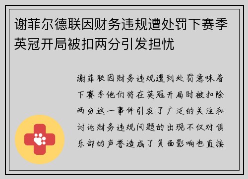 谢菲尔德联因财务违规遭处罚下赛季英冠开局被扣两分引发担忧