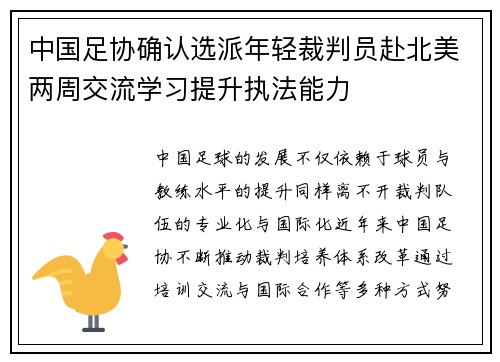 中国足协确认选派年轻裁判员赴北美两周交流学习提升执法能力