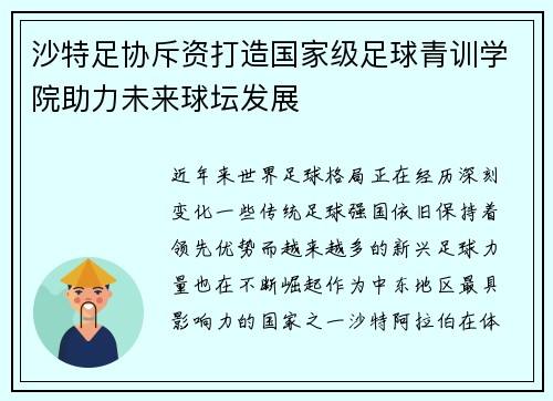 沙特足协斥资打造国家级足球青训学院助力未来球坛发展